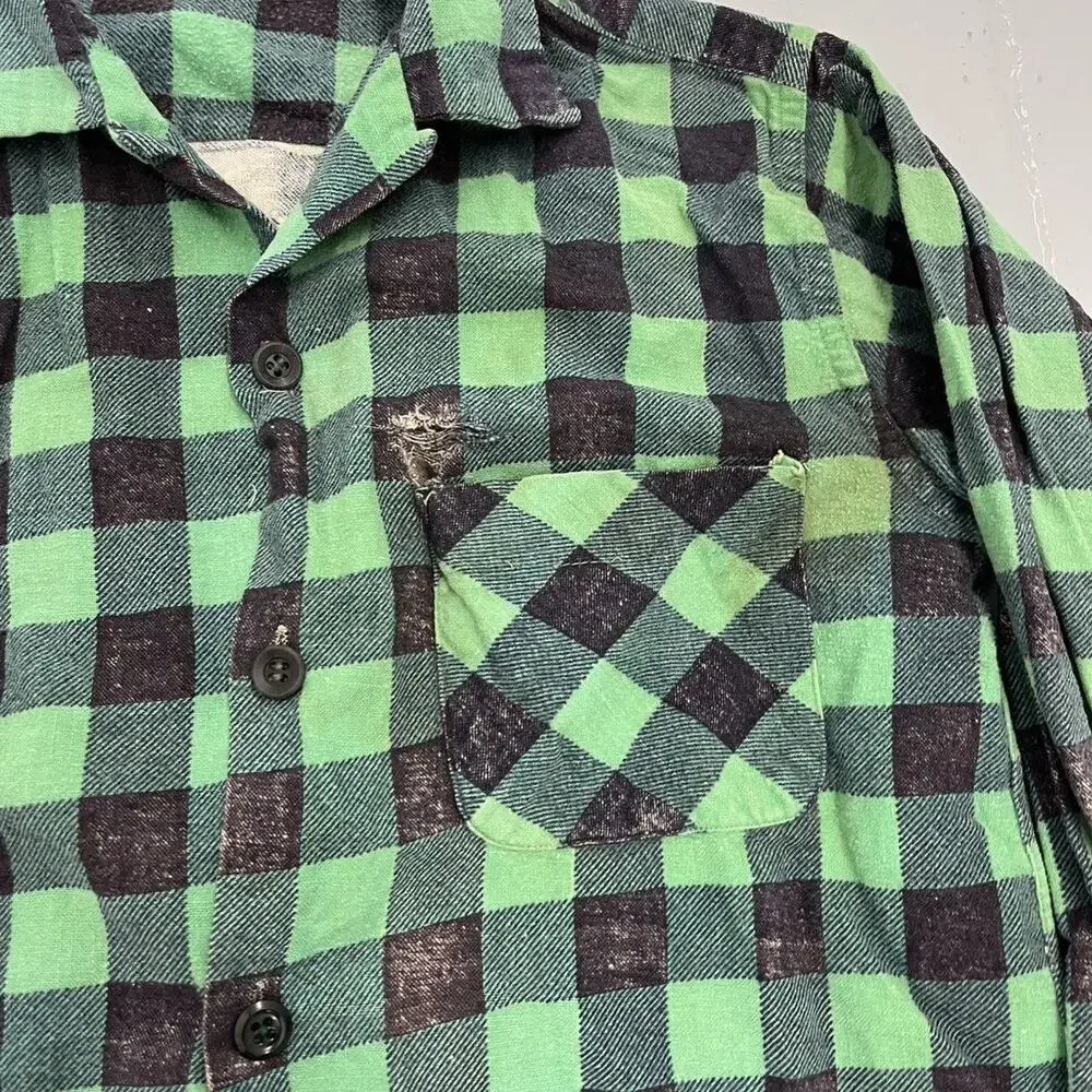 Vintage 50s Norwood Green/Black Plaid Loop Collar Flannel